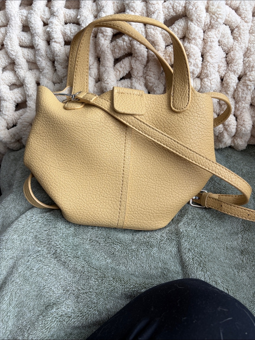 Minimalist Pebbled Leather Crossbody Tote in Mustard